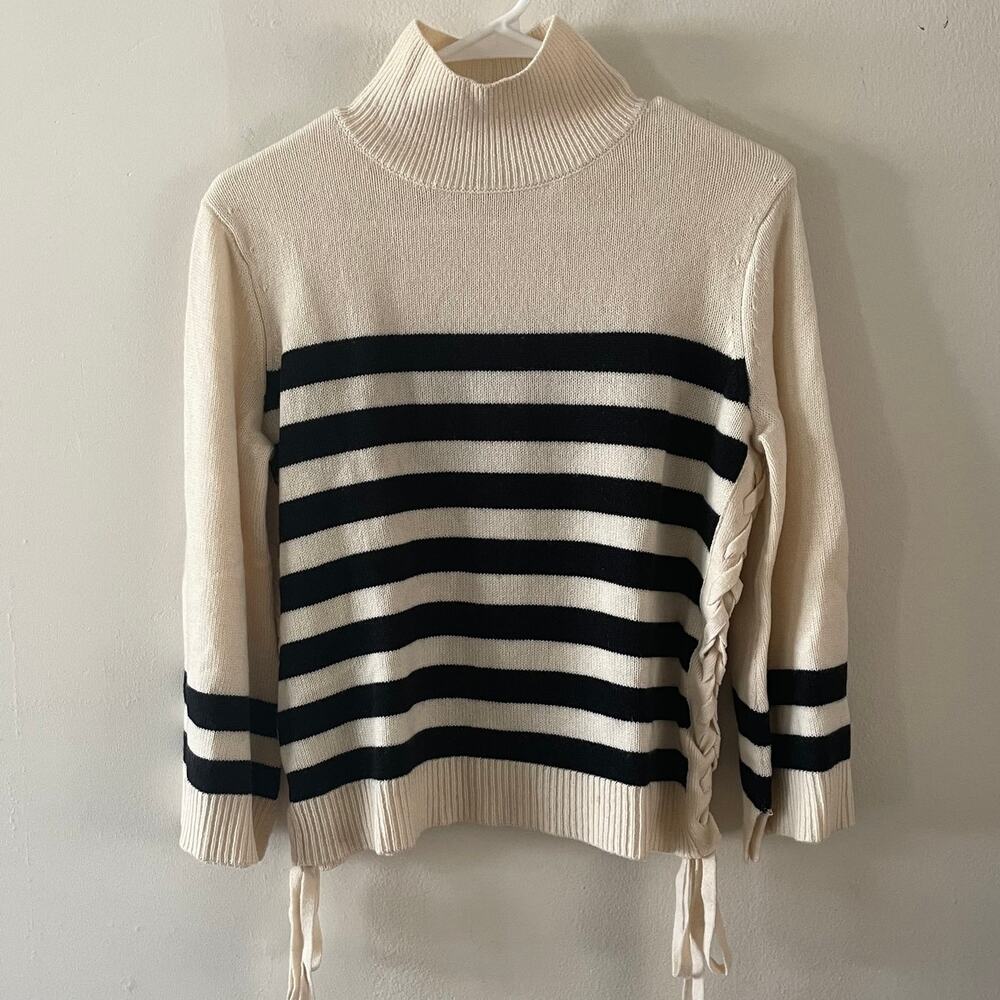 Joie Lantz Mock Neck Wool Cashmere Striped Sweater Womens XS Bell Sleeve Lace Up